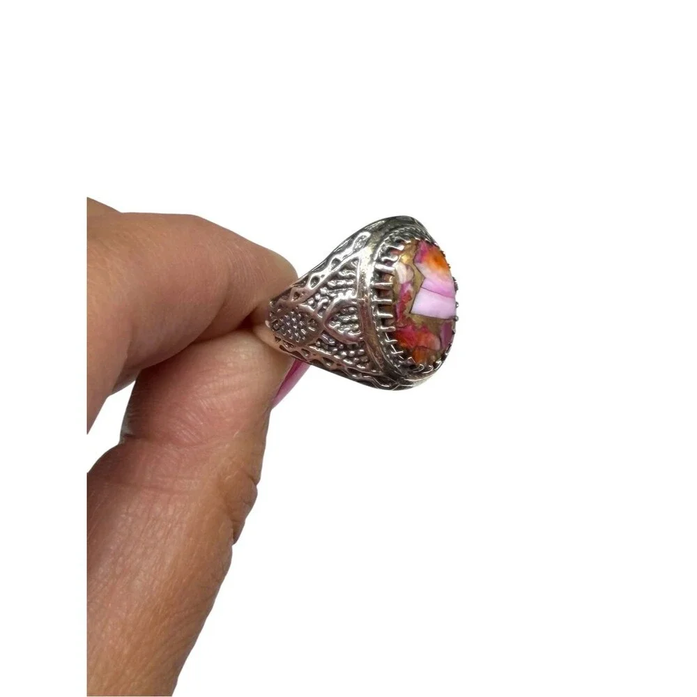 Kingman Pink Dahlia Turquoise Ring Size 10 Solid 925 Sterling Silver Oval
